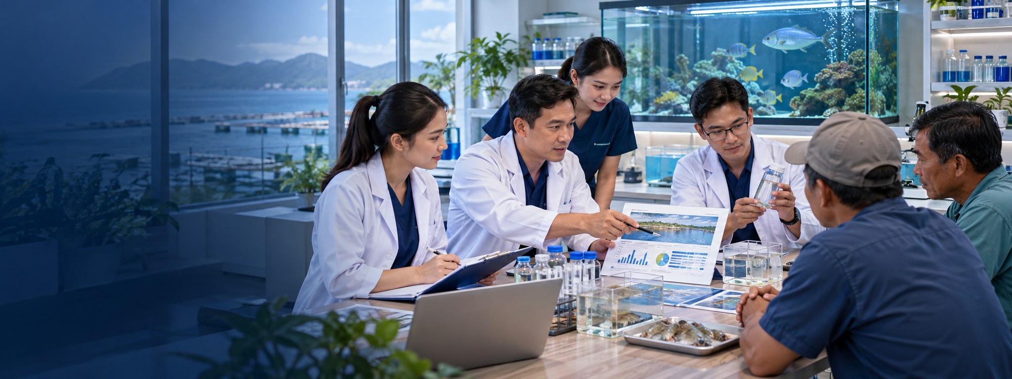 Minh họa buổi tư vấn sức khỏe thủy sản giữa chuyên viên và người nuôi